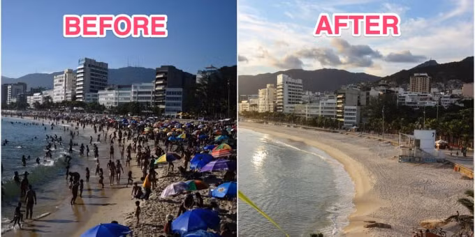 Bãi biển Rio trước khi có dịch và hiện nay. Ảnh: Getty