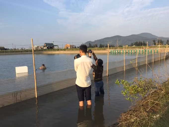 Hai phóng viên ghi nhận tình hình nuôi trồng thủy sản của các mô hình kinh tế ở Hà Tĩnh. Ảnh T.P