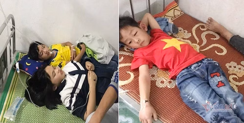 Các em học sinh được cấp cứu, truyền dịch giải độc tại Trạm y tế. Ảnh: vietnamnet.vn