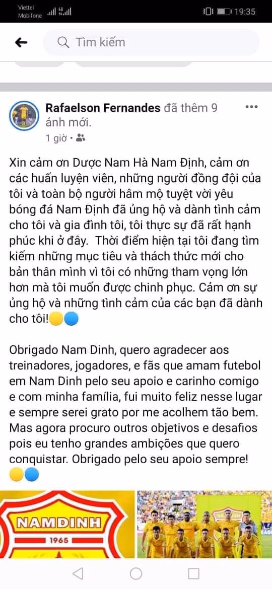 Ngoại binh tiền đạo Rafaelson nói lời chia tay Nam Định FC trên trang cá nhân. Ảnh: bongda24h.vn