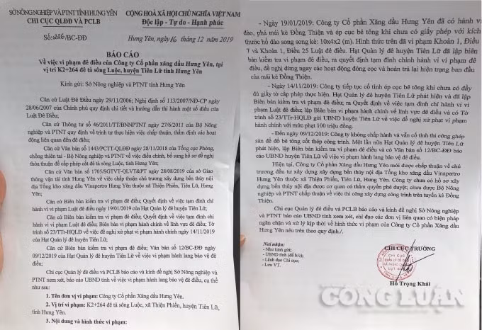 Báo cáo của Chi cục Quản lý đê điều và PCLB tỉnh Hưng Yên vào tháng 12/2019 chỉ rõ sai phạm của Công ty CP Xăng dầu Hưng Yên.