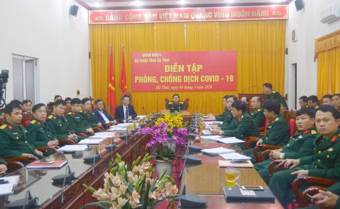 Quang cảnh Hội nghị vận hành cơ chế diễn tập phòng, chống dịch Covid-19 tại Bộ CHQS tỉnh Hà Tĩnh