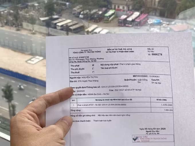 Mẫu biên lai sau khi nộp phạt trực tuyến qua Cổng thanh toán VNPT Pay.