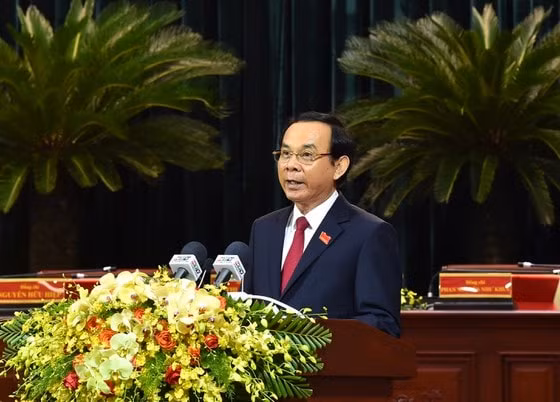 Tân Bí thư Thành ủy TP.HCM Nguyễn Văn Nên phát biểu ra mắt tại đại hội. Ảnh: SGGP