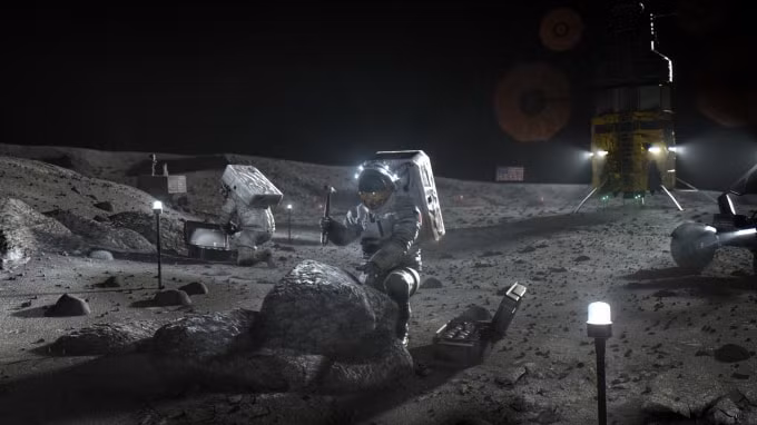 Mô tả của một nghệ sĩ về các phi hành gia đi bộ trên mặt trăng trong chương trình Artemis của NASA - Ảnh: Space