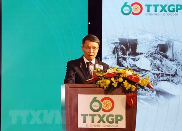 Ủy viên trung ương Đảng, Tổng giám đốc TTXVN Nguyễn Đức Lợi phát biểu tại lễ kỷ niệm. (Ảnh: Nhật Anh/TTXVN)
