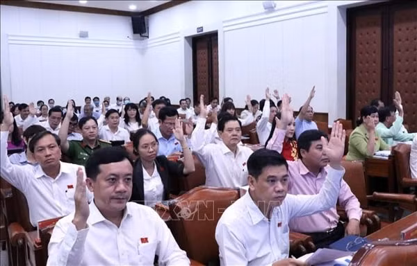 Các đại biểu HĐND TP Hồ Chí Minh thông qua Nghị quyết về chủ trương sắp xếp đơn vị hành chính cấp huyện, xã thuộc TP Hồ Chí Minh trong giai đoạn 2019-2021. Ảnh: TTXVN