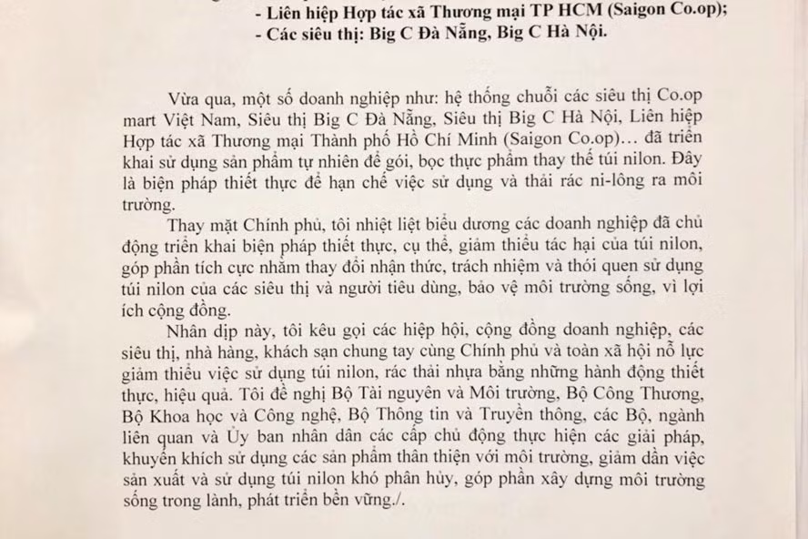 Thư biểu dương giảm thiểu túi nilon của thủ tướng chính phủ Nguyễn Xuân Phúc với các doanh nghiệp Việt Nam&nbsp;