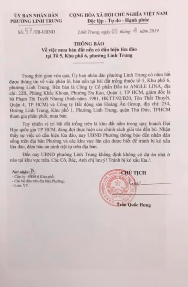 Văn bản khuyến cáo của UBND phường Linh Trung, Q. Thủ Đức, TP. Hồ Chí Minh.