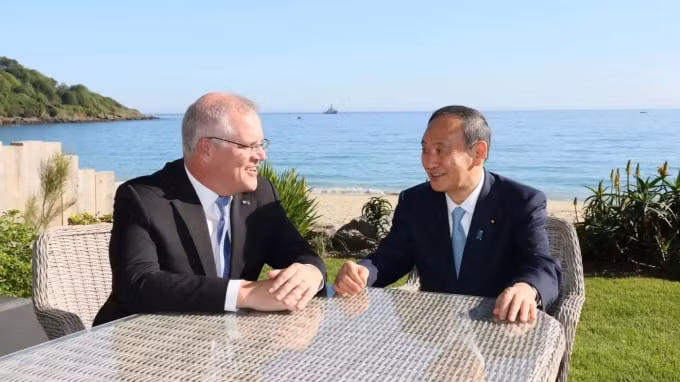 Thủ tướng Australia Scott Morrison và Thủ tướng Nhật Bản Yoshihide Suga gặp nhau trực tiếp tại Cornwall, Anh vào ngày 13 tháng 6. Ảnh: Văn phòng Thủ tướng Nhật Bản