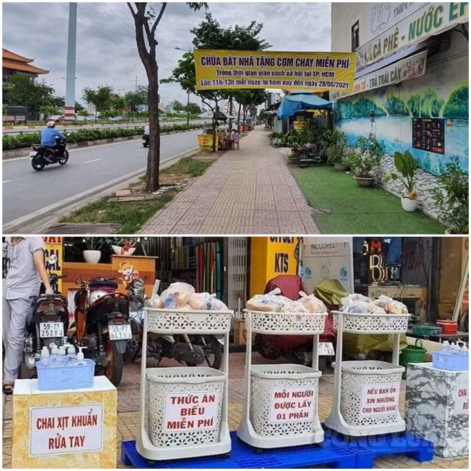 Trên các con đường, góc phố ở TP. HCM thường bắt gặp các băng rôn, quầy hàng, thông báo phục vụ nhu yếu phẩm. Đây là sự thấu hiểu và chia sẻ những khó khăn với người lao động của nhà hảo tâm trên địa bàn TP. HCM. Sự chuẩn bị những suất cơm, nước uống miễn phí,… để phát cho người lao động, với mong muốn chia sẻ những khó khăn trong lúc dịch bệnh.