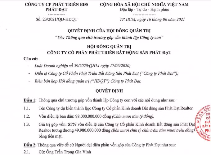 Quyết định của HĐQT về việc thông qua chủ trương góp vốn thành lập công ty con
