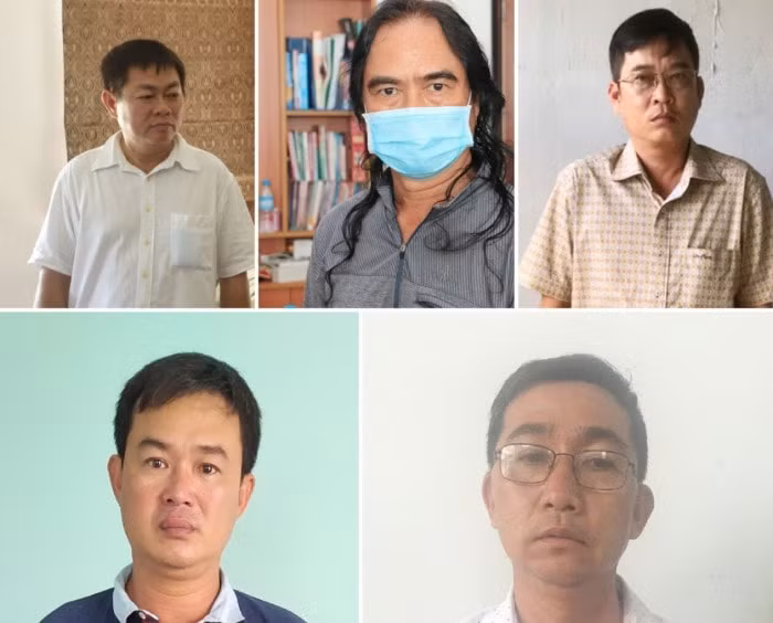 Các bị can Ngô Văn Thu, Nguyễn Thanh Hùng, Nguyễn Viết Tuyên, Lưu Bá Phúc, Trương Minh Giàu (thứ 4 từ trái qua phải, trên xuống dưới). Ảnh baogiaothong.vn