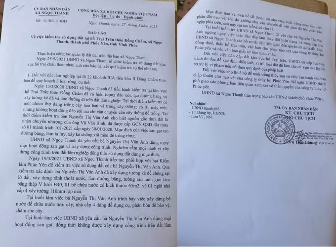 Báo cáo của UBND xã Ngọc Thanh về việc kiểm tra sử dụng đất tại hồ Trại Trâu, thôn Đồng Chằm chỉ ra nhiều vi phạm.