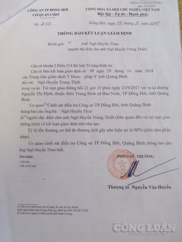 Thông báo kết luận giám định tỷ lệ tổn thương cơ thể do thương tích gây nên 98%.