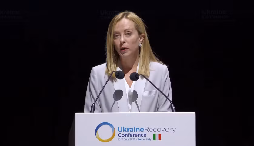Thủ tướng Ý Giorgia Meloni phát biểu tại Hội nghị Phục hồi Ukraine 2025. Ảnh chụp màn hình