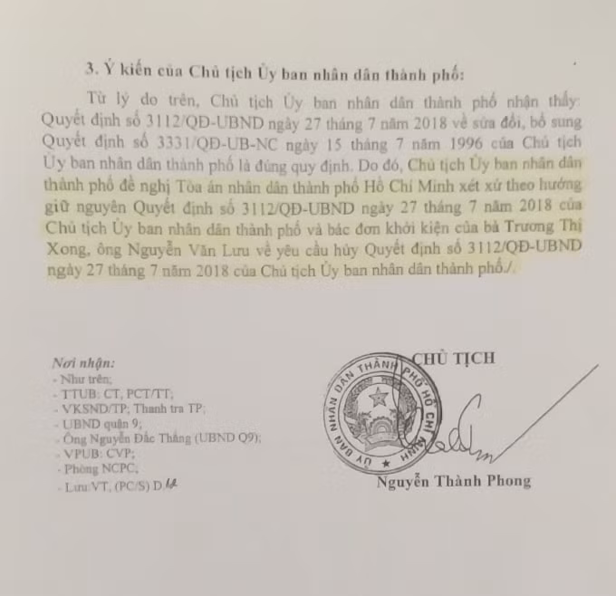 Chủ tịch UBND TP. HCM ký văn bản đề nghị Tòa án bác đơn khởi kiện của người dân