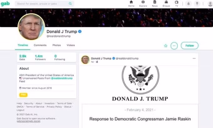 Tài khoản của cựu tổng thống Donald Trump trên mạng xã hội Gab là giả mạo - Ảnh: Business Insider