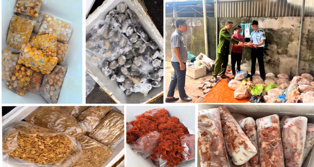  Lực lượng chức năng đã phát hiện, thu giữ gần 2 tấn hàng hoá là thực phẩm đông lạnh, gồm các mặt hàng: Tràng trứng gia cầm, nầm lợn, ruốc lợn, bò khô, thịt lợn, chả cá, chả mực, mực, bạch tuộc, bào ngư và nhiều loại mặt hàng thực phẩm đông lạnh khác không có tem, nhãn, mác, nguồn gốc xuất xứ ngày 02/3/2026 tại cơ sở kinh doanh ở chợ đầu mối Đông Hương 