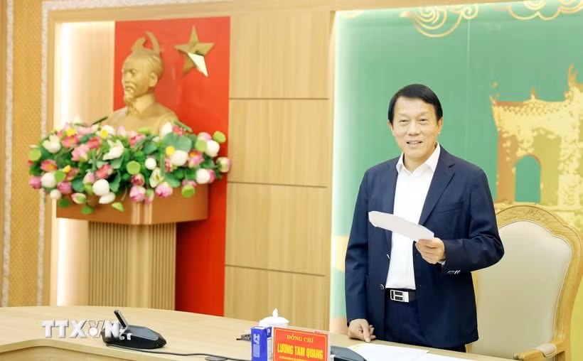 Đại tướng Lương Tam Quang, Ủy viên Bộ Chính trị, Bộ trưởng Bộ Công an, Trưởng Đoàn kiểm tra, giám sát phát biểu. (Ảnh: Thế Duyệt/TTXVN)