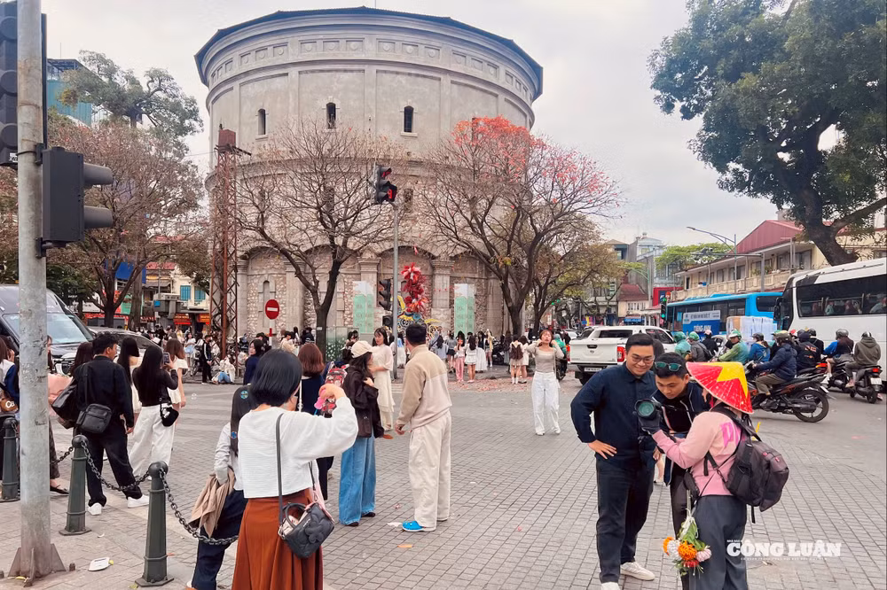 Bốt Hàng Đậu mùa lộc vừng thay lá thu hút các bạn trẻ đến check in.