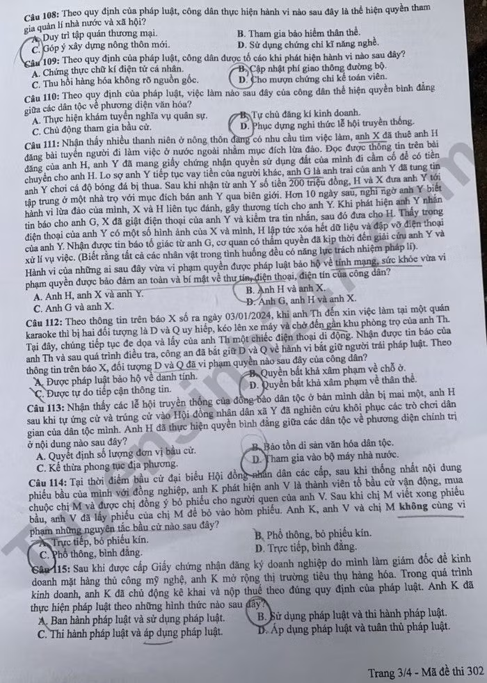de thi tot nghiep thpt 2024 mon giao duc cong dan ma de 302 hinh 3