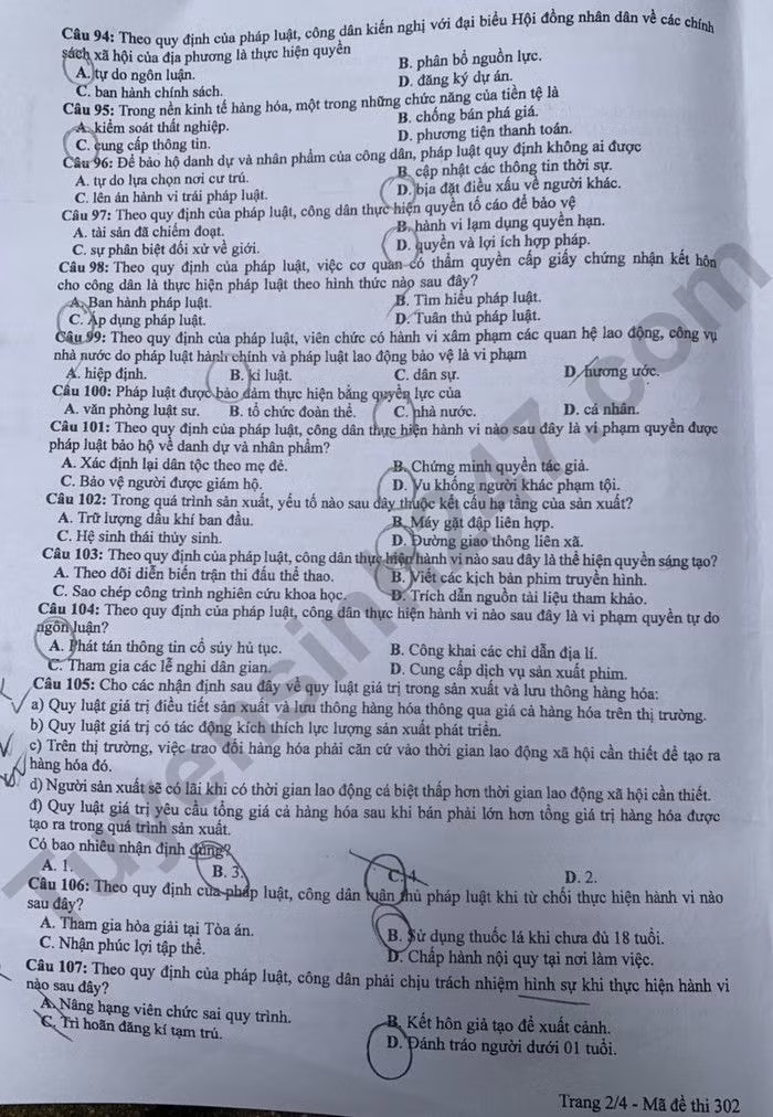 de thi tot nghiep thpt 2024 mon giao duc cong dan ma de 302 hinh 2
