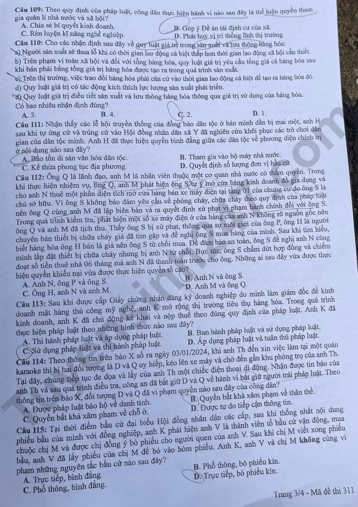 de thi tot nghiep thpt 2024 mon giao duc cong dan ma de 311 hinh 3