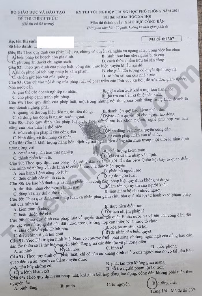 de thi tot nghiep thpt 2024 mon giao duc cong dan ma de 307 hinh 1