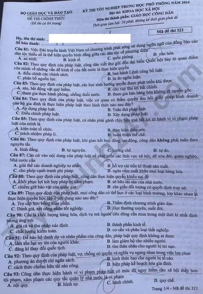 de thi tot nghiep thpt 2024 mon giao duc cong dan ma de 321 hinh 1