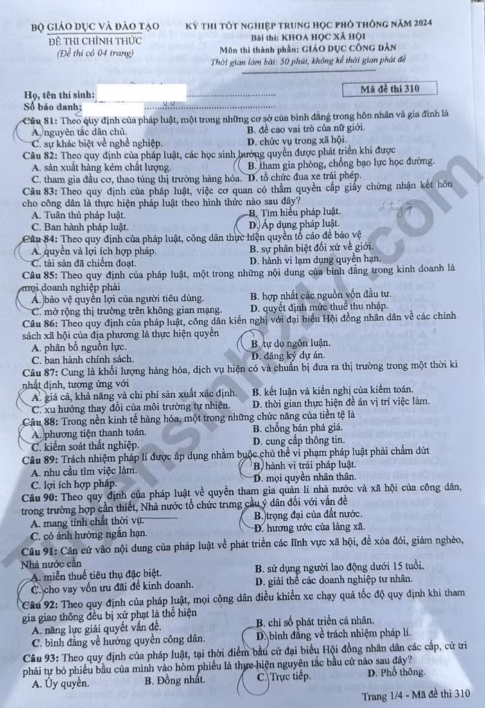 de thi tot nghiep thpt 2024 mon giao duc cong dan ma de 310 hinh 1