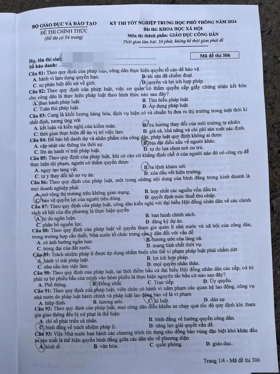 de thi tot nghiep thpt 2024 mon giao duc cong dan ma de 306 hinh 1