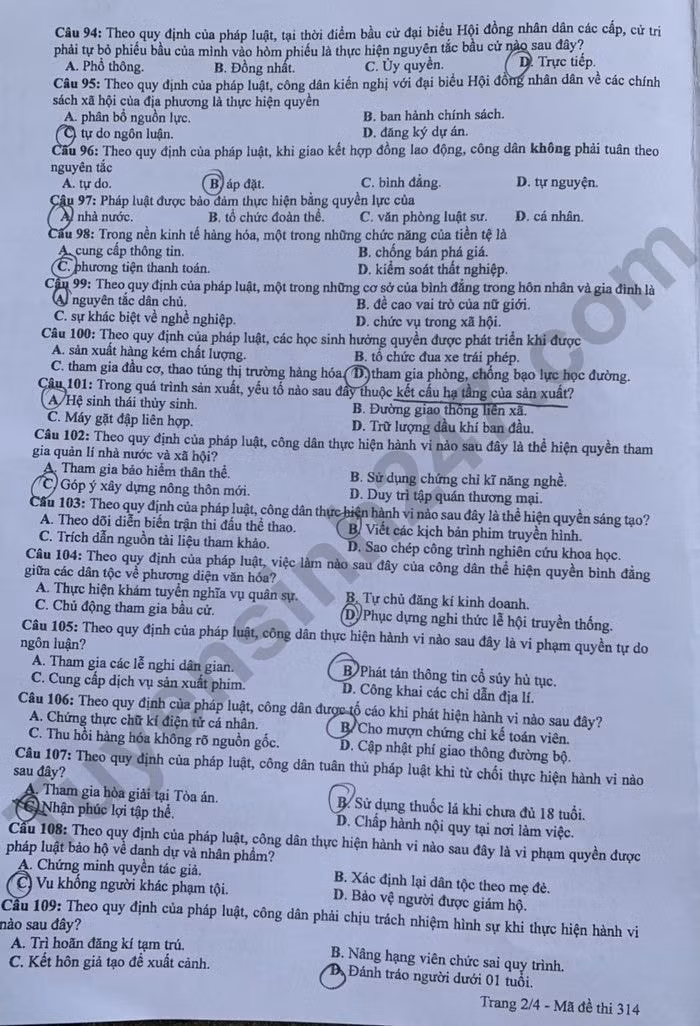 de thi tot nghiep thpt 2024 mon giao duc cong dan ma de 314 hinh 2