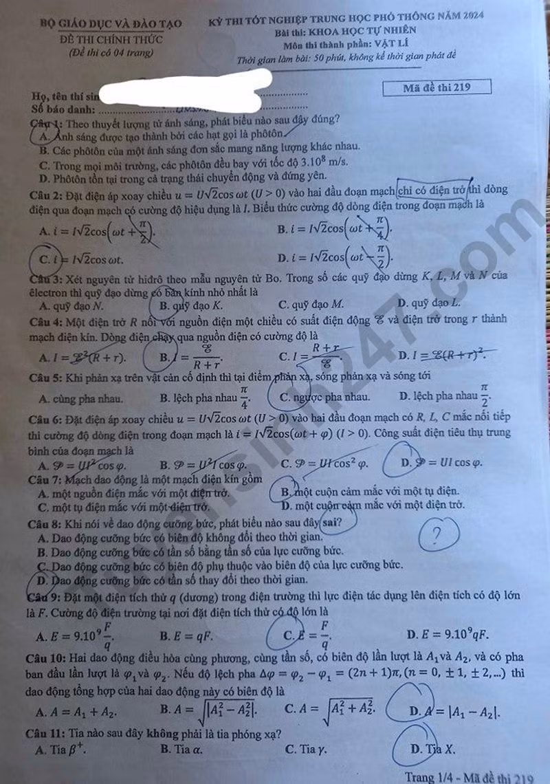 de thi tot nghiep thpt 2024 mon vat li ma de 219 hinh 1
