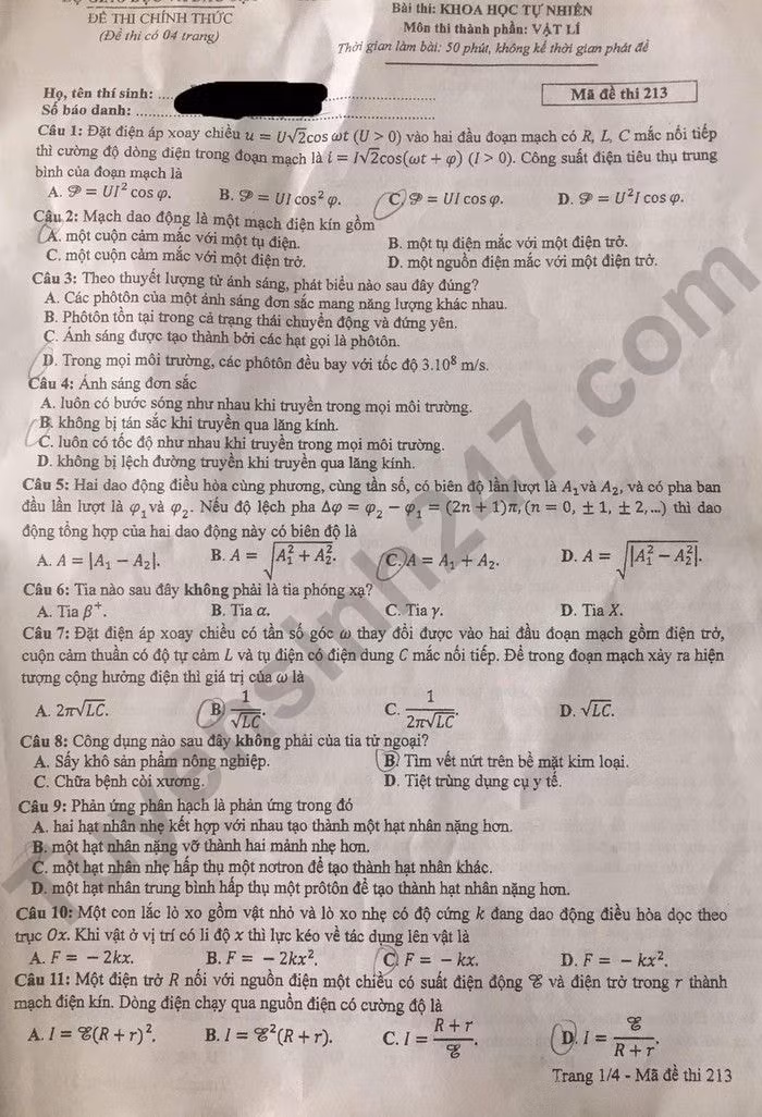 de thi tot nghiep thpt 2024 mon vat li ma de 213 hinh 1