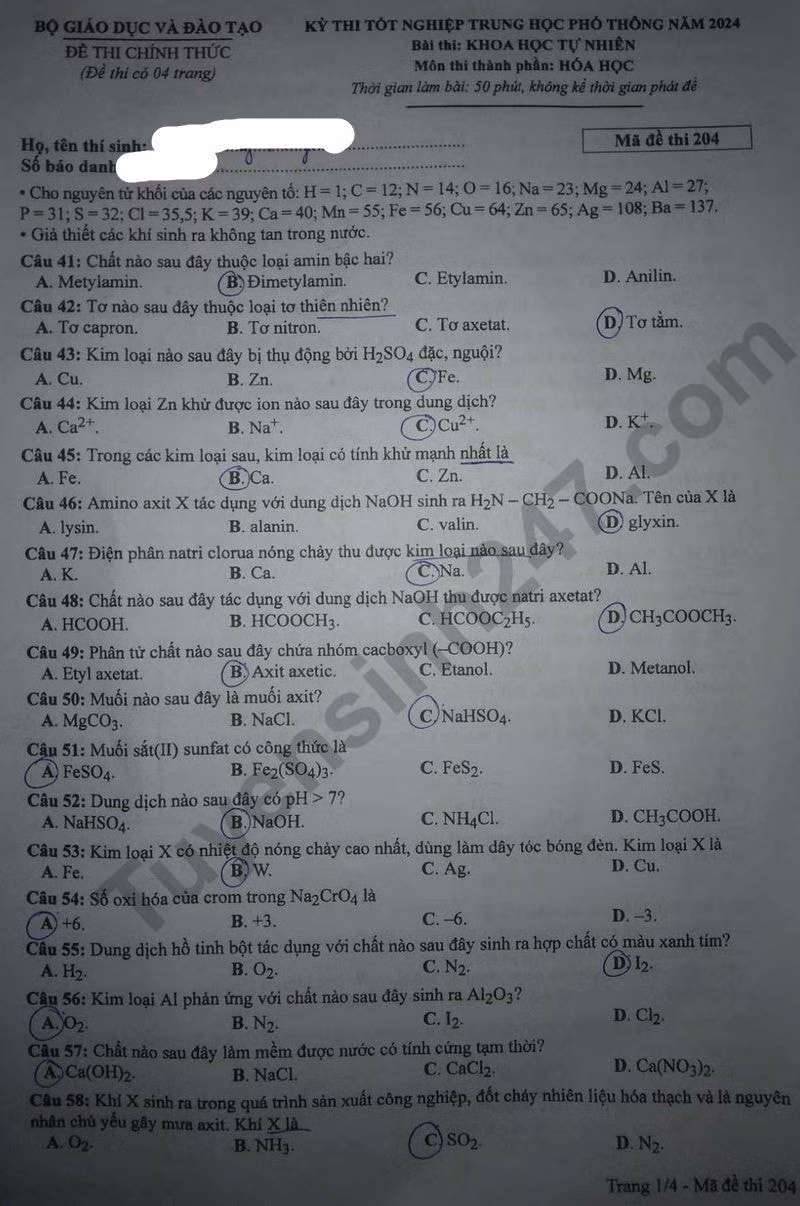 de thi tot nghiep thpt 2024 mon hoa hoc ma de 204 hinh 1