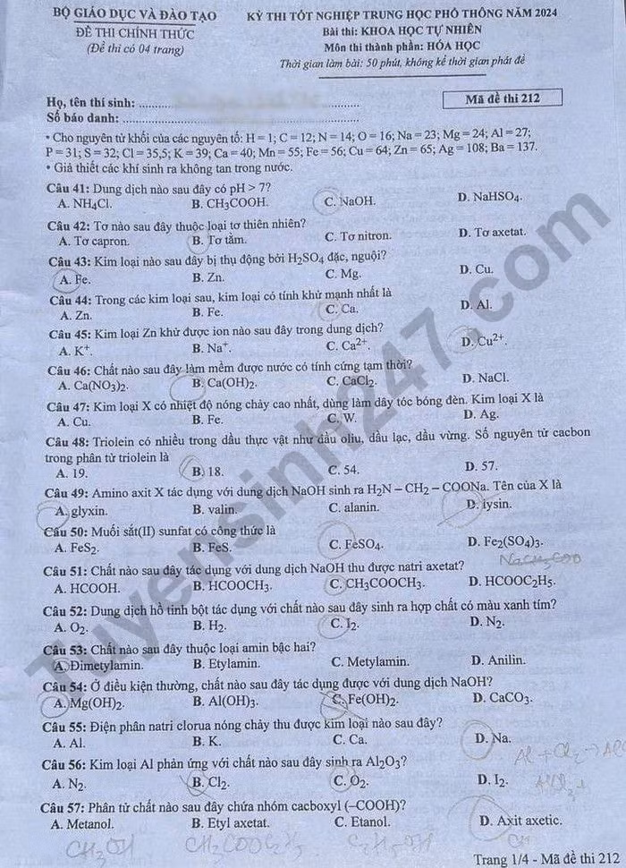 de thi tot nghiep thpt 2024 mon hoa hoc ma de 212 hinh 1