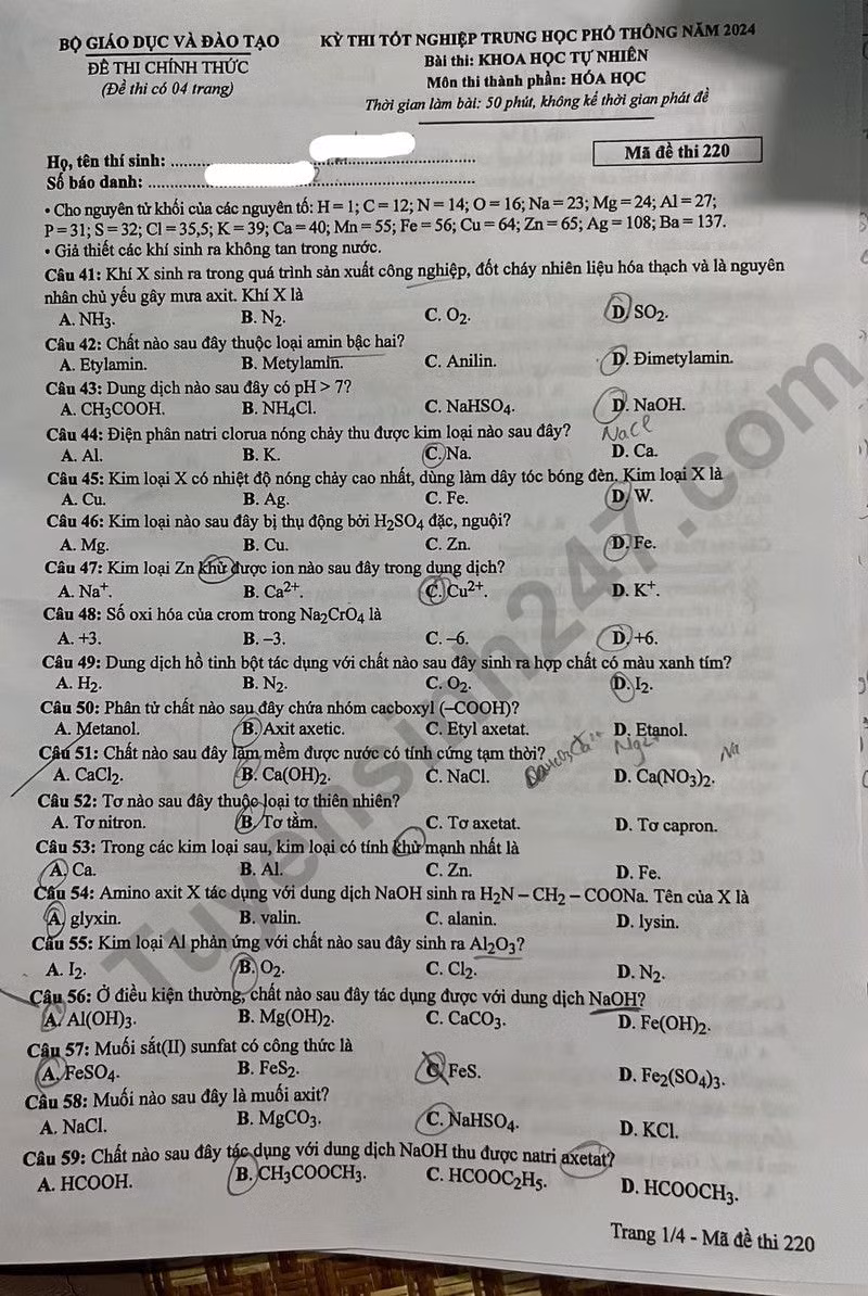 de thi tot nghiep thpt 2024 mon hoa hoc ma de 220 hinh 1