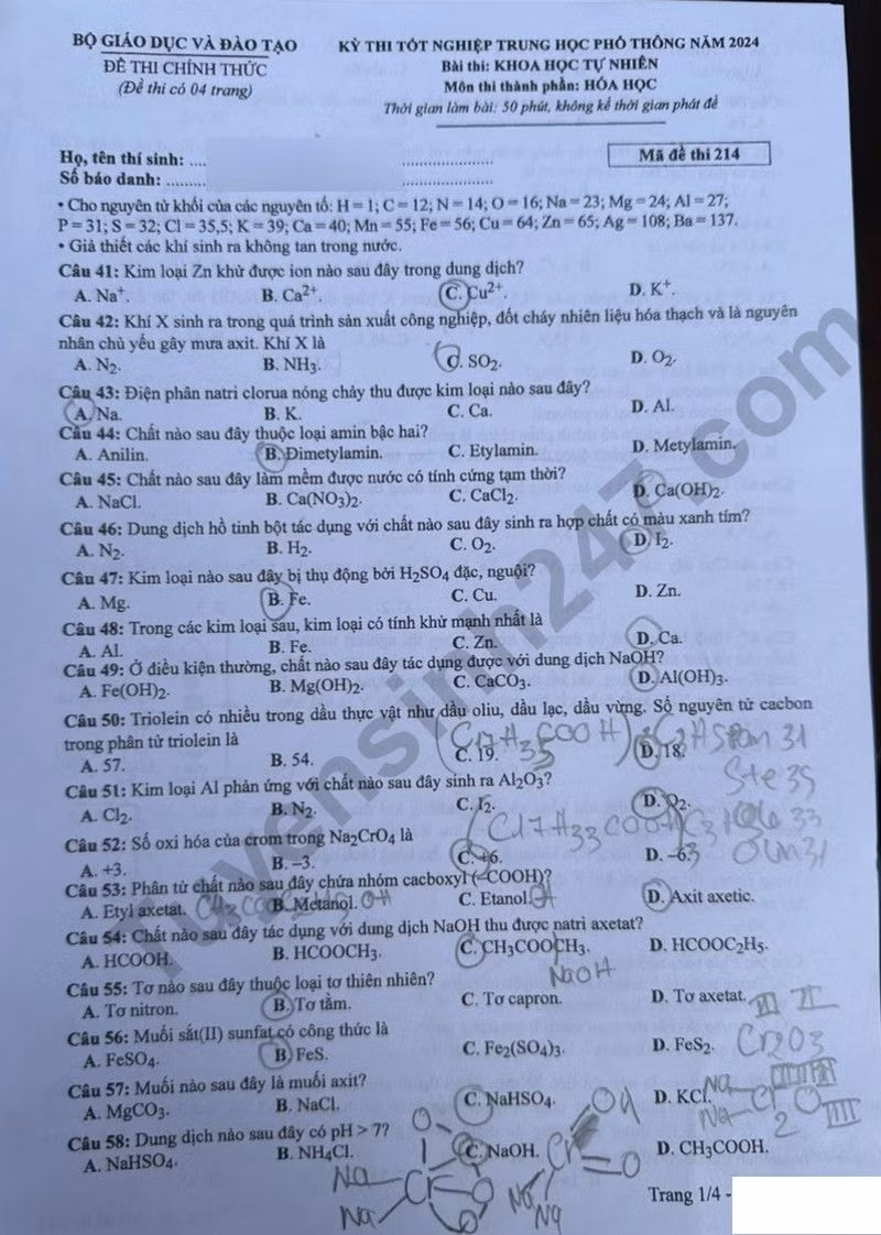 de thi tot nghiep thpt 2024 mon hoa hoc ma de 214 hinh 1