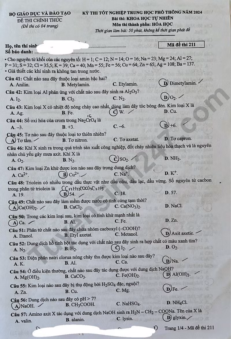 de thi tot nghiep thpt 2024 mon hoa hoc ma de 211 hinh 1