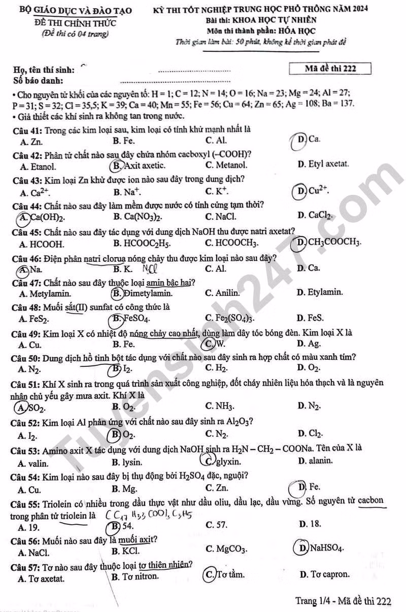 de thi tot nghiep thpt 2024 mon hoa hoc ma de 222 hinh 1