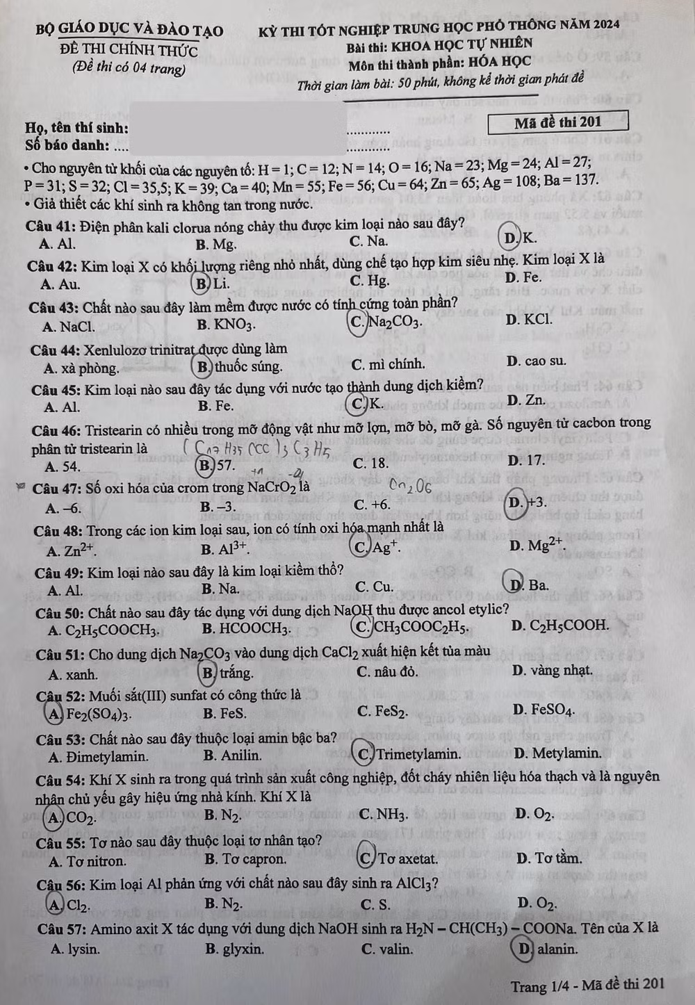 de thi tot nghiep thpt 2024 mon hoa hoc ma de 201 hinh 1