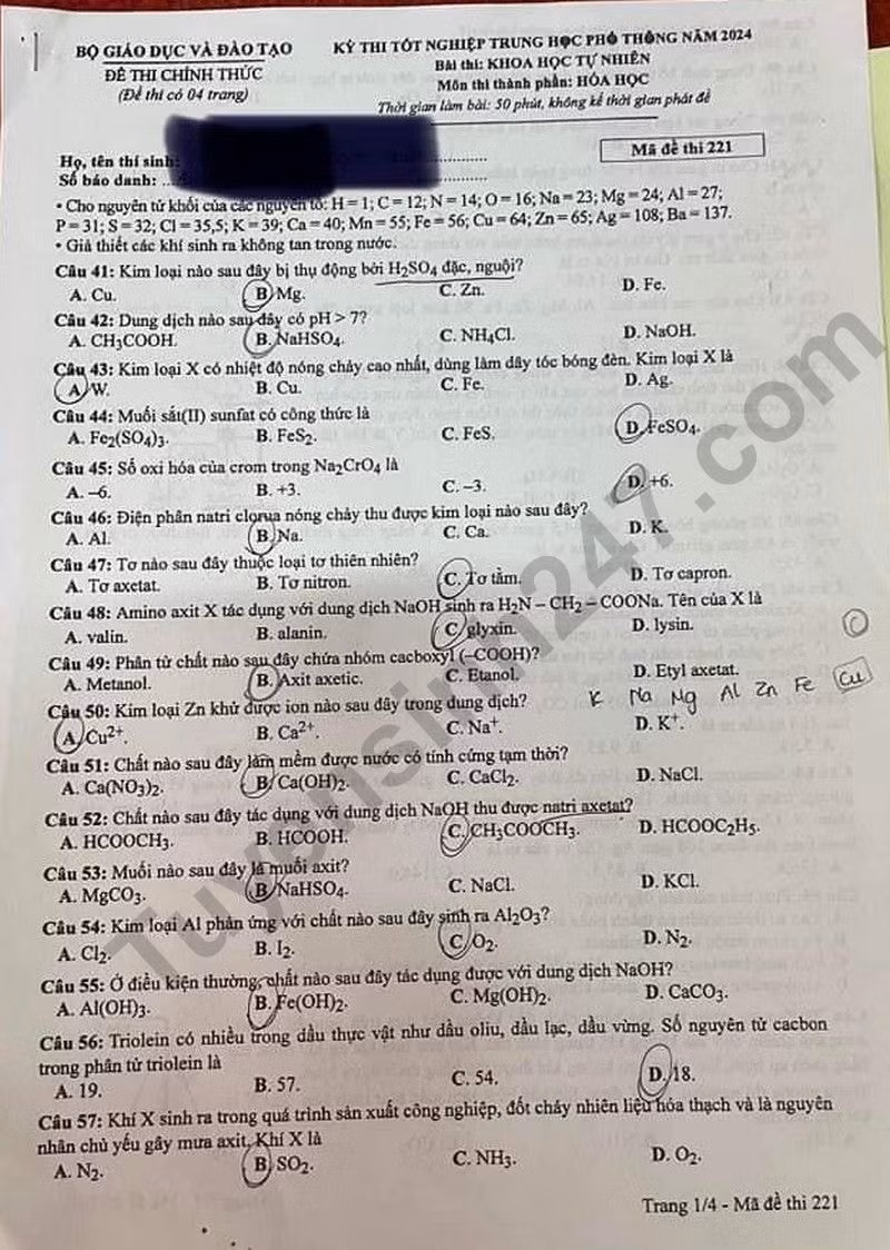 de thi tot nghiep thpt 2024 mon hoa hoc ma de 221 hinh 1