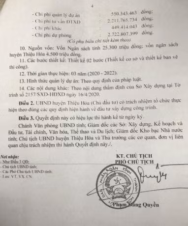 Quyết định phê duyệt dự án do Phó Chủ tịch UBND tỉnh Thanh Hóa Phạm Đăng Quyền ký ngày 17/4/2020 có tổng mức đầu tư 29,8 tỷ đồng bằng nguồn vốn ngân sách. Ảnh: Quang Duy