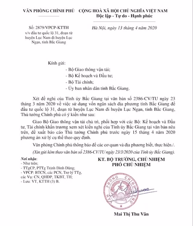 Văn bản chỉ đạo của Thủ tướng Chính phủ yêu cầu nhiều bộ khẩn trương xét xét đề nghị của tỉnh uỷ Bắc Giang về tuyến quốc lộ 31 xuống cấp.
