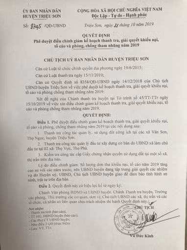 Mặc dù trước đó 19/19 cuộc thanh tra không phát hiện sai phạm kinh tế phải xử lý nhưng cuối năm 2019, Chủ tịch UBND huyện Triệu Sơn Vũ Đức Kính đã ký Quyết định phê duyệt điều chỉnh giảm kế hoạch thanh tra.