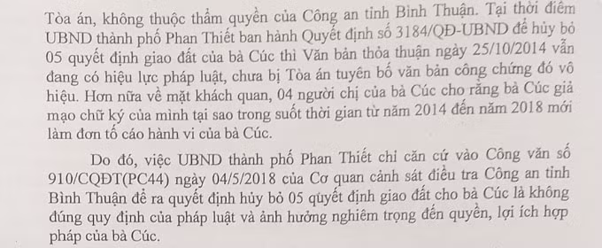 Toà án cấp cao tại TP. Hồ Chí Minh đã bác bỏ văn bản của Cơ quan CSĐT Công an tỉnh Bình Thuận.