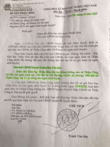 Hiện tại, Chủ tịch UBND huyện Thiệu Hóa Trịnh Văn Súy mới ký công văn 