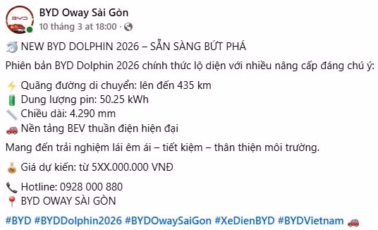 Đại lý bắt đầu nhận đặt cọc BYD Dolphin 2026. Ảnh chụp màn hình