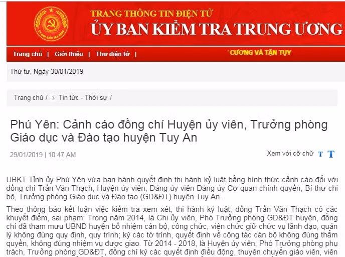 UBKT Tỉnh ủy Phú Yên vừa ban hành quyết định thi hành kỷ luật bằng hình thức cảnh cáo đối với đồng chí Trần Văn Thạch, Huyện ủy viên, Đảng ủy viên Đảng ủy Cơ quan chính quyền, Bí thư chi bộ, Trưởng phòng Giáo dục và Đào tạo (GD&ĐT) huyện Tuy An.
